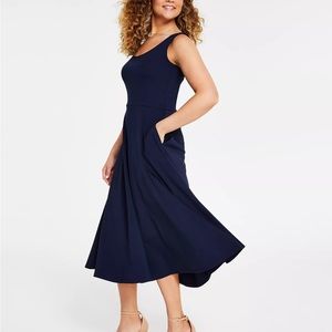 NWT MSK Pull-on Navy Blue Fit-and-Flare Stretchy with Side Pockets Dress Size M.
